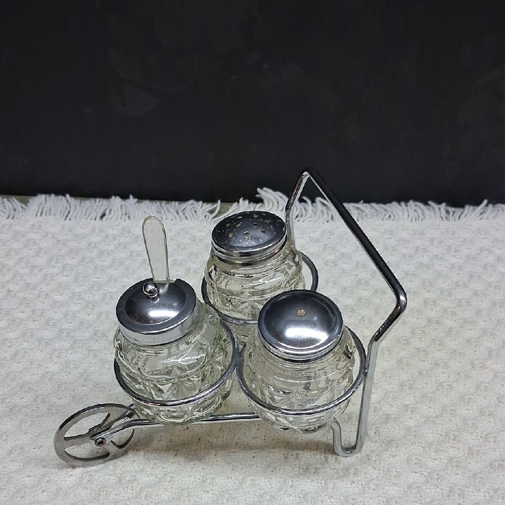 Vintage Anchor Hocking glass and metal wheelbarrow condiment set